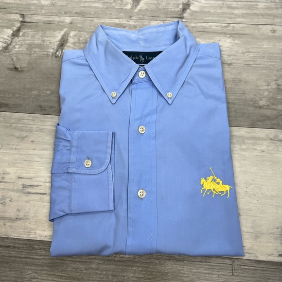 Polo Ralph Lauren Blue w/ Yellow Racing Pony Logo Shirt M - Picture 1 of 4